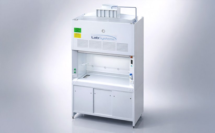 Laboratory fume cupboard with a scrubber on top