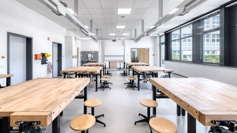 Classroom with wooden tables