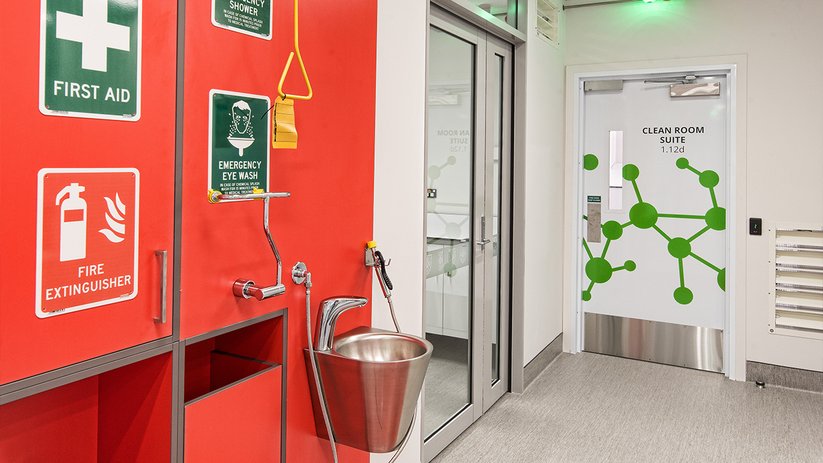 Safety station at the University of Otago laboratory entrance.