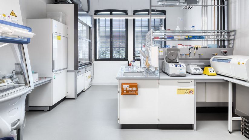 Laboratory room with fume cupboard and media carrier