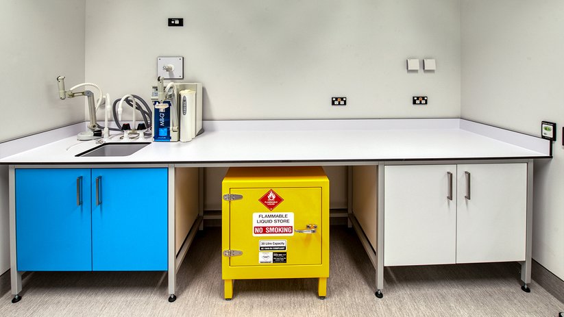 Laboratory bench at the University of Otago with sink and safety waste bin.