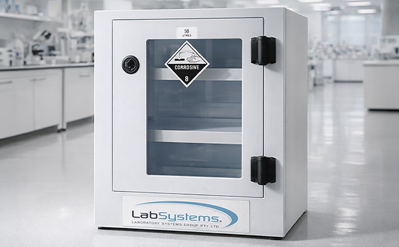 Corrosive storage cabinet with secure glass door
