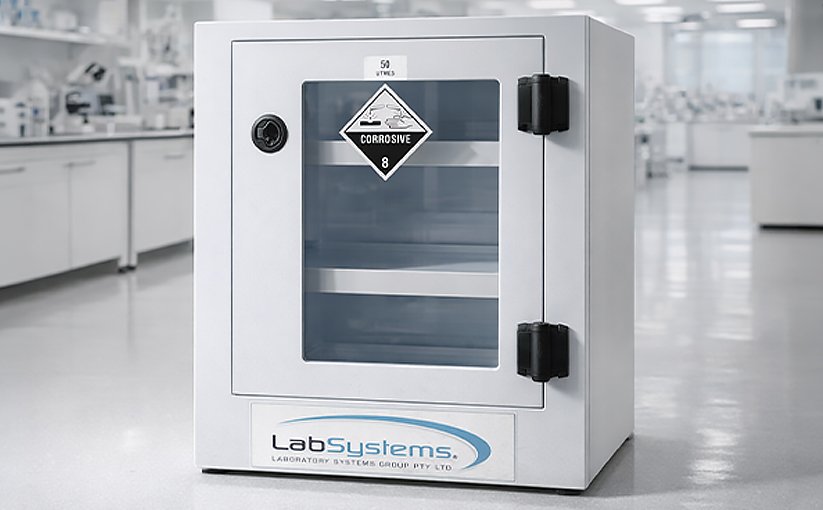 Corrosive storage cabinet with secure glass door