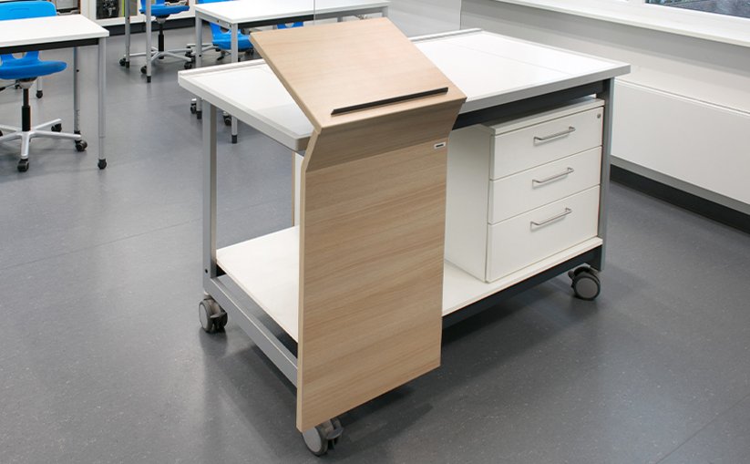 Mobile teacher’s desk with storage drawers and lectern