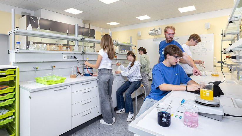 Students performing laboratory experiments in a teaching lab