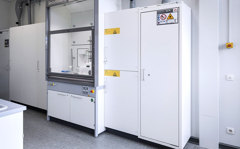 Laboratory fume hood with integrated chemical storage cabinets