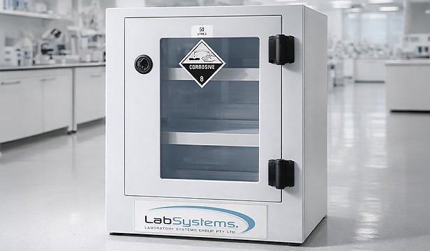 Corrosive storage cabinet with secure glass door