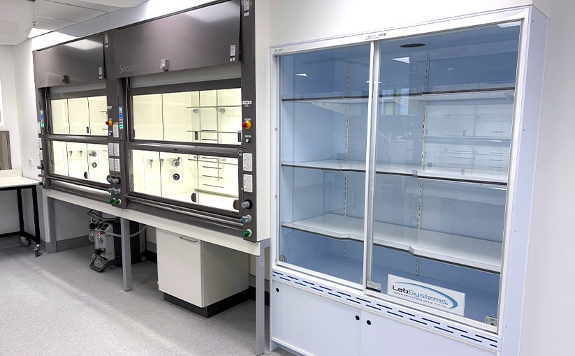 Fume cupboards and chemical storage cabinet with glass sliding doors