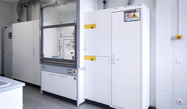 Laboratory fume hood with integrated chemical storage cabinets