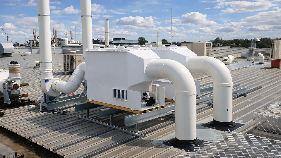Rooftop air scrubber system installed on an industrial building