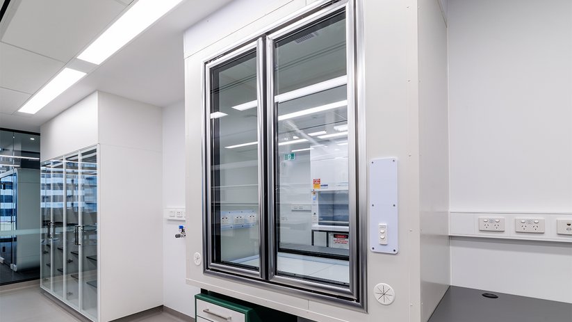 Interior corner at ACMD with window opening and clean laboratory finishes.