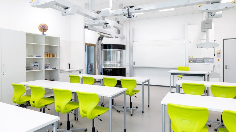 Classroom with green chairs