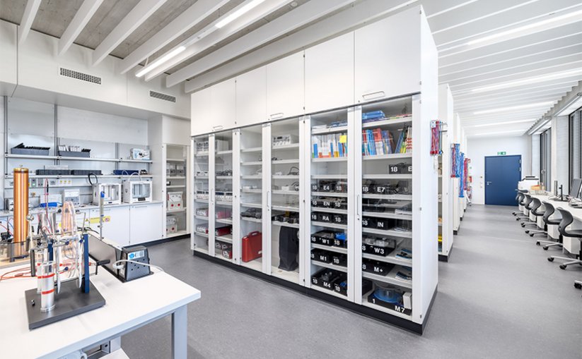 Birght room filled with tall cabinets