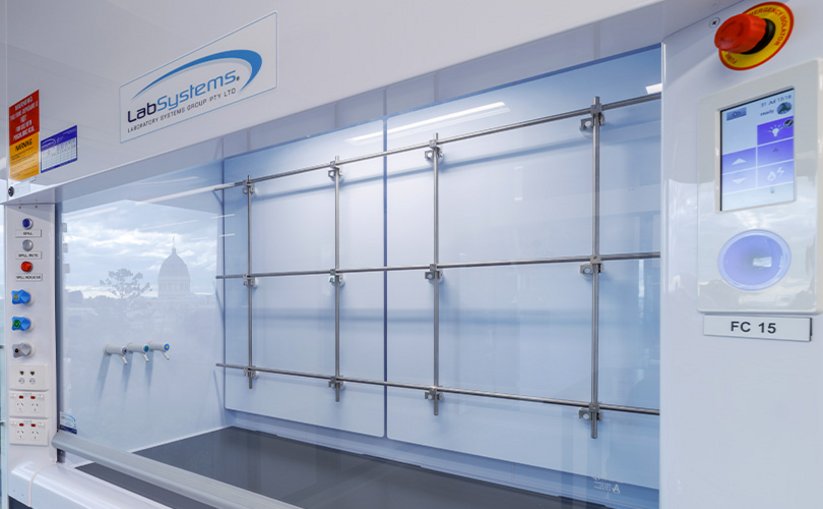 Laboratory fume hood with glass sash and integrated touchscreen control panel