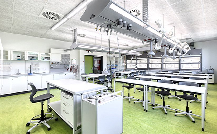 Bright laboratory with modern benches and ceiling service modules